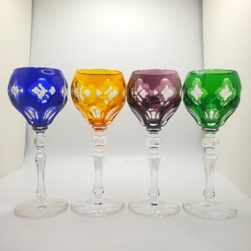 Set of 4 Cut to Clear Bohemian Crystal Cordial Glasses